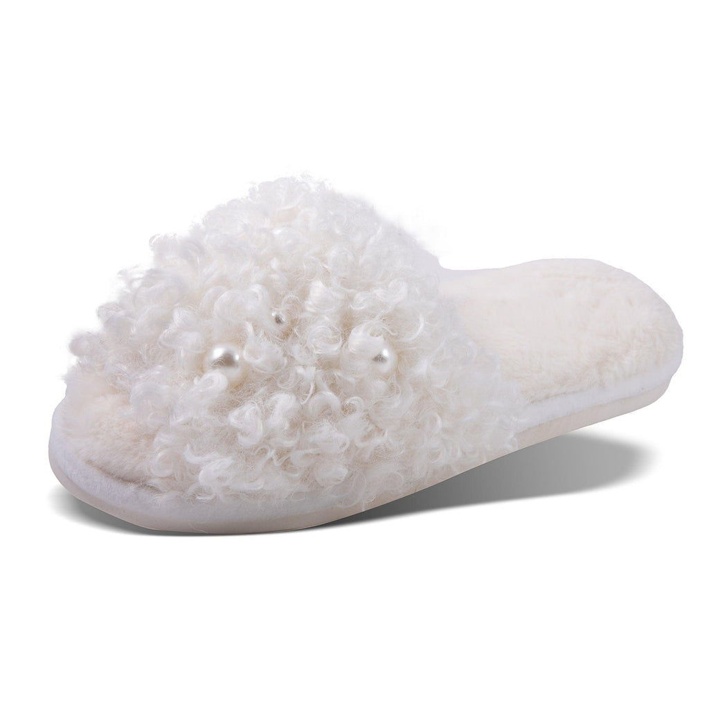 Amanda Blue White Curly Pearl Slippers (Medium 8 - 9) - A Secret Admirer