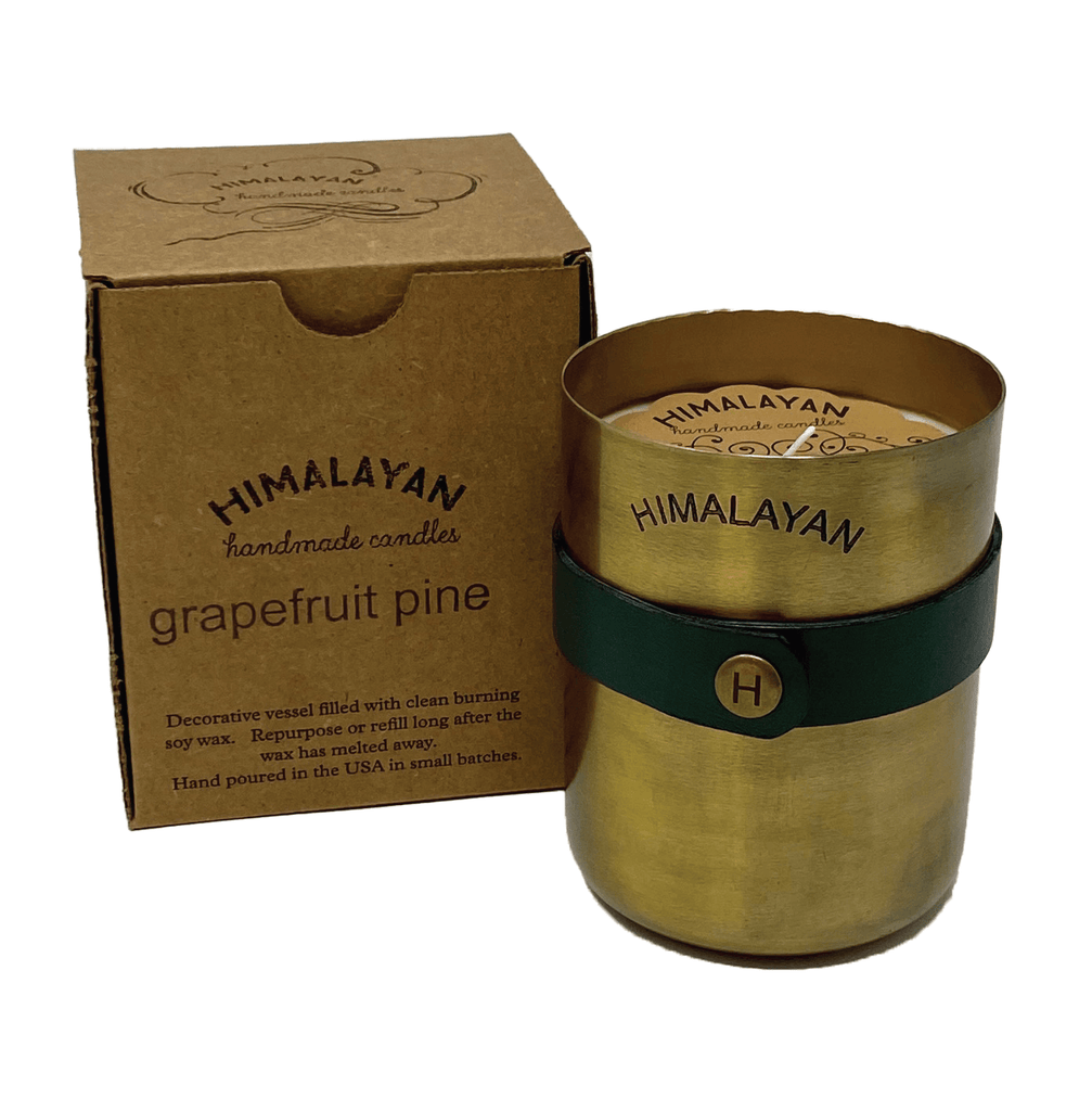 Himalayan Trading Post Signature Brass Patina Candle Metal Tumbler with Green faux leather wrap - A Secret Admirer