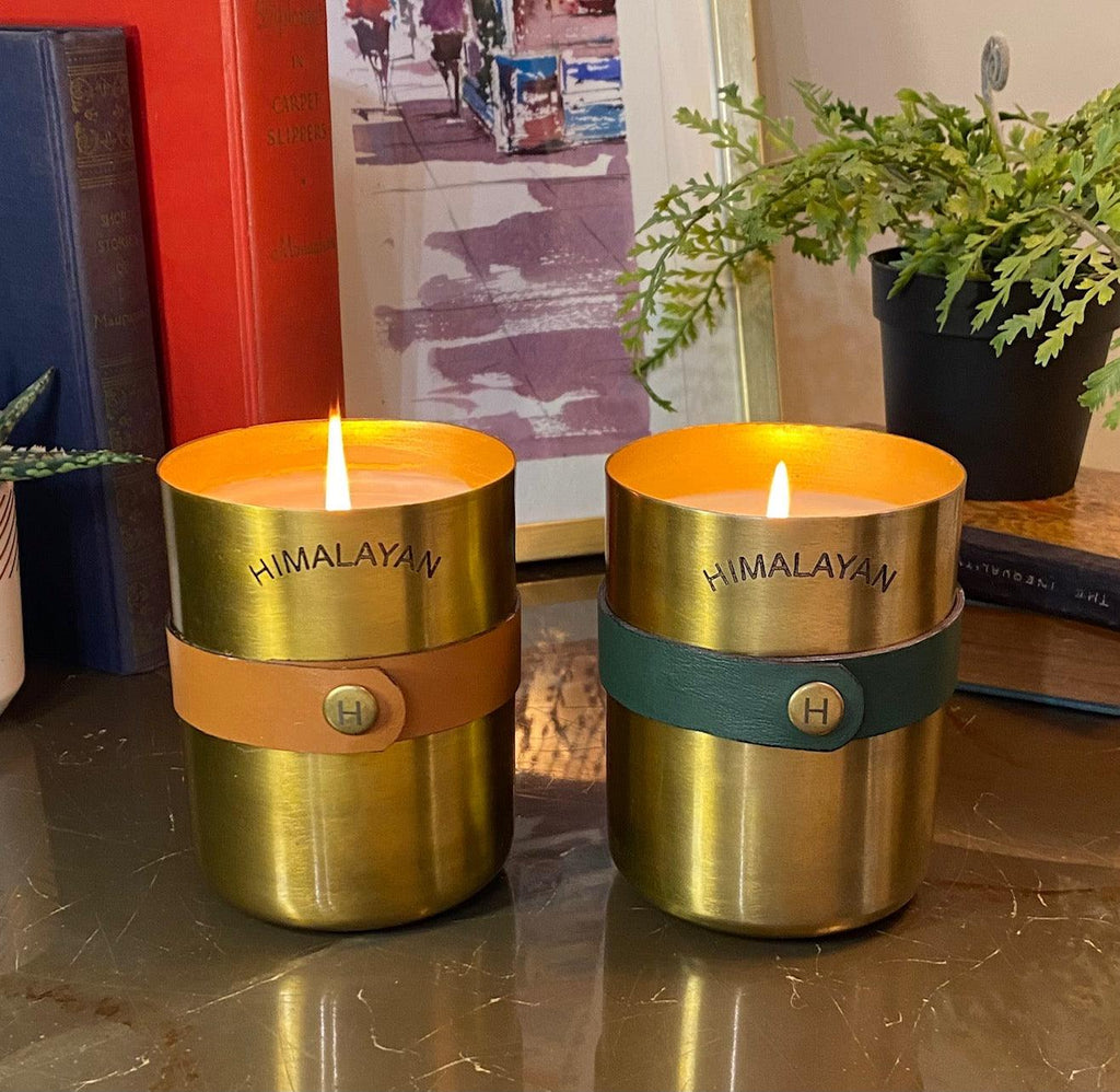 Himalayan Trading Post Signature Brass Patina Candle Metal Tumbler with Green faux leather wrap - A Secret Admirer