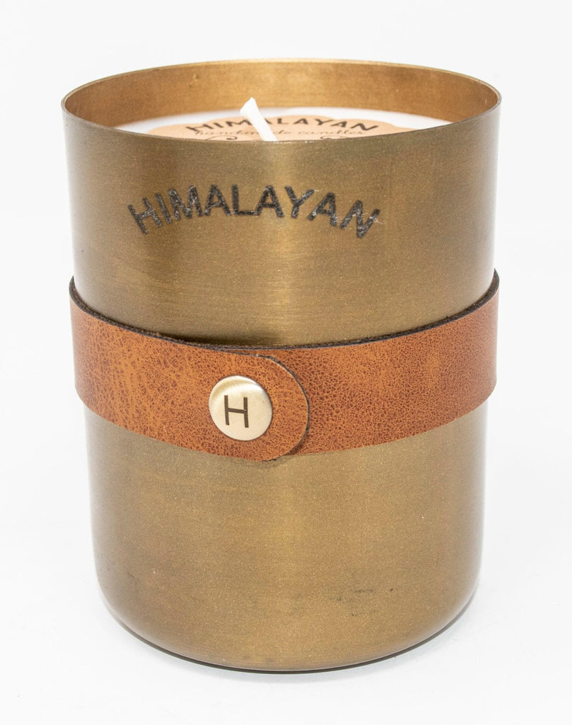 Himalayan Trading Post Signature Brass Patina Candle Metal Tumbler with Tan Faux Leather Wrap Tobacco bark - A Secret Admirer