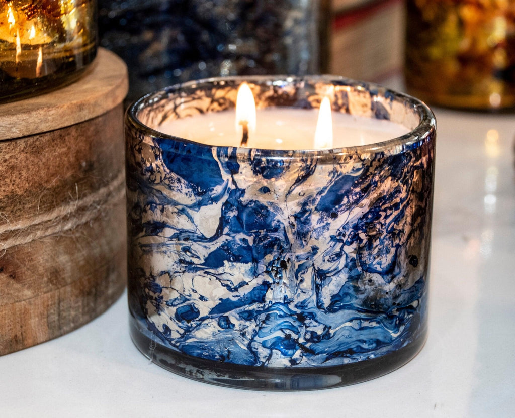 Himalayan Trading Post Wind Blue - Blown Glass Tumbler Candle Lilac & Leather - A Secret Admirer