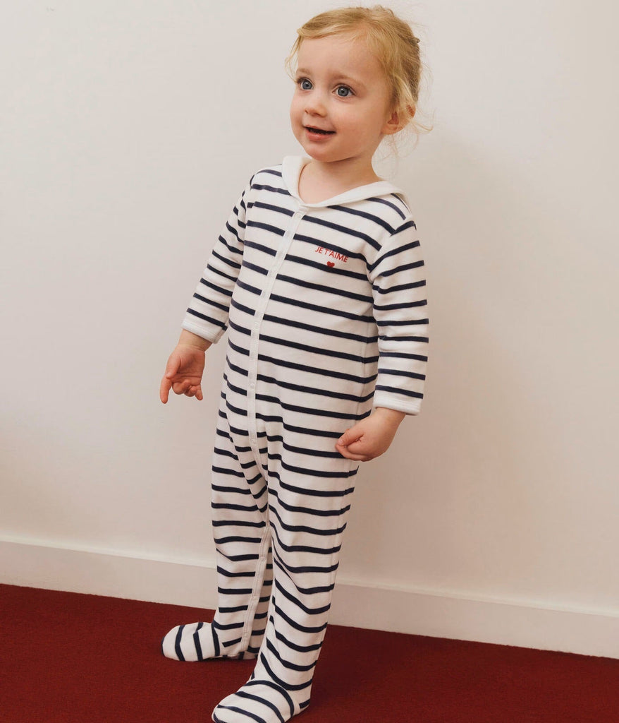 PETIT BATEAU Babies' stripy velour footie for BABY boys Sizes 1 - 6 months - A Secret Admirer