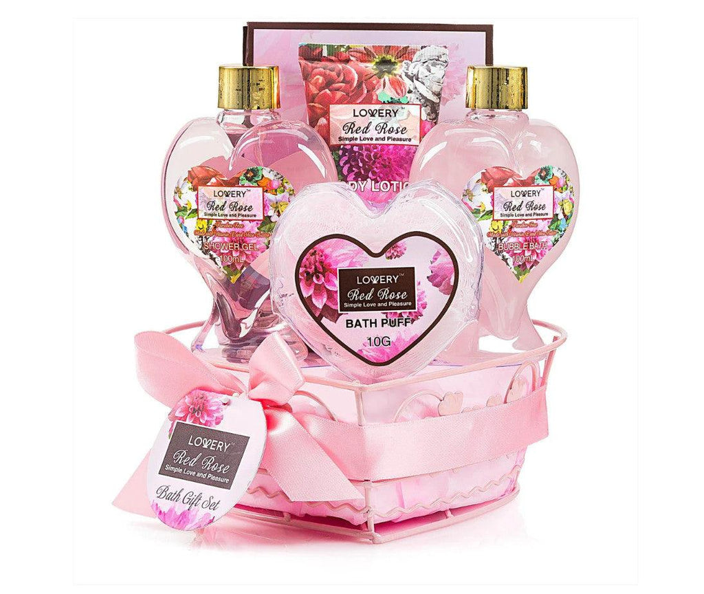 Red Rose Bath Gift Basket - 8Pc Body Care Heart Set - A Secret Admirer