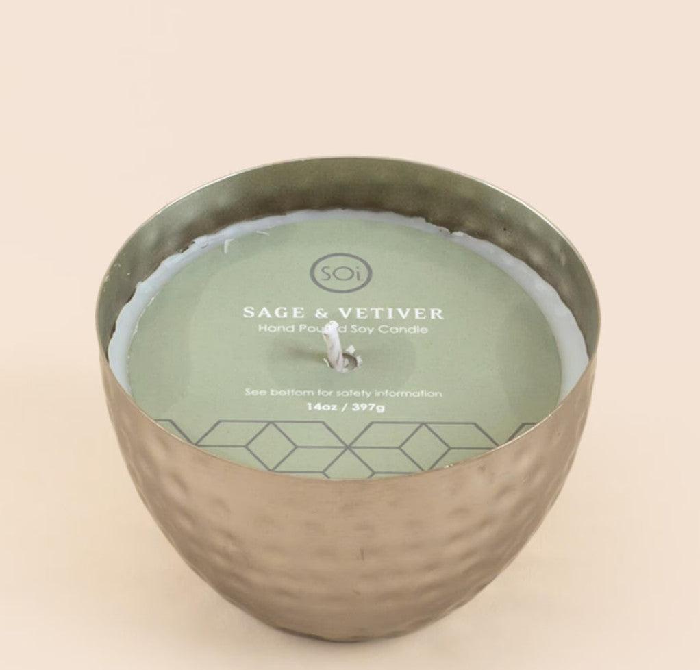 Sage & Vetiver Silver Round Hammered Bowl 14 oz Soy Candle - A Secret Admirer