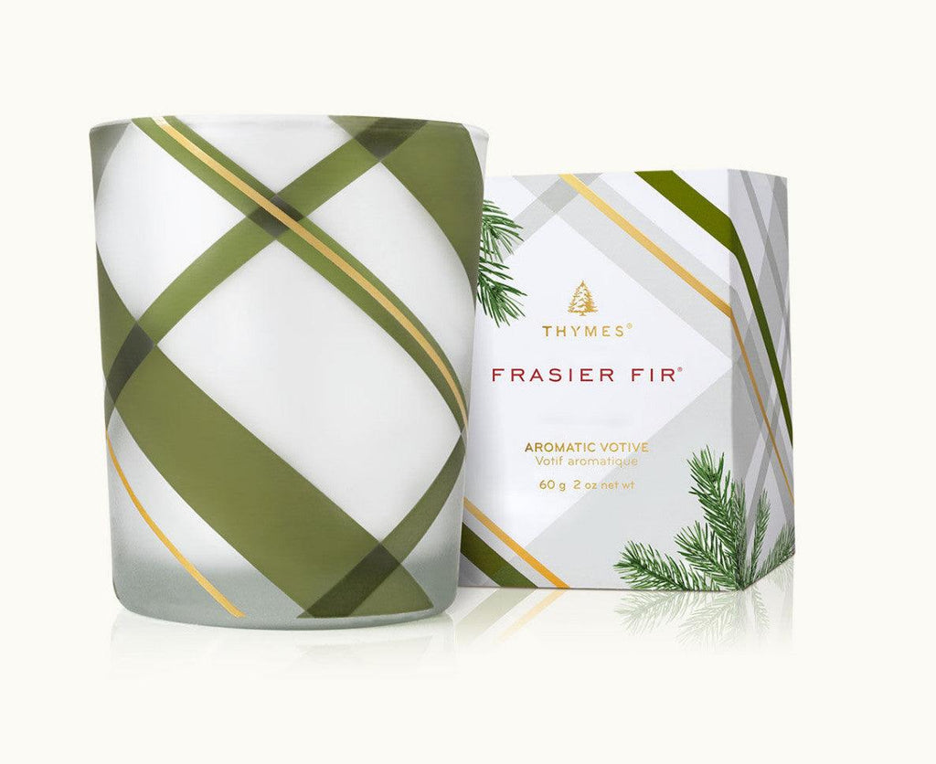 Thymes Frasier Fir Frosted Plaid Votive Candle - A Secret Admirer