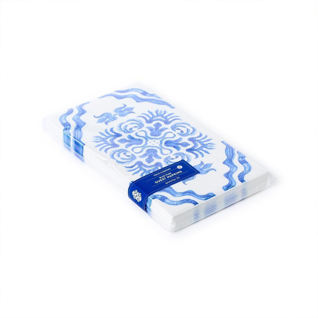 Two's Company Blue Tile Block Print 3 - Ply Paper Dinner Napkin, 8 - Inch, Set of 20 - A Secret Admirer