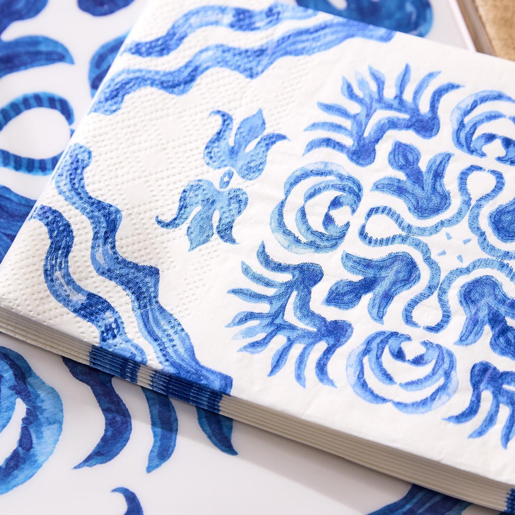 Two's Company Blue Tile Block Print 3 - Ply Paper Dinner Napkin, 8 - Inch, Set of 20 - A Secret Admirer
