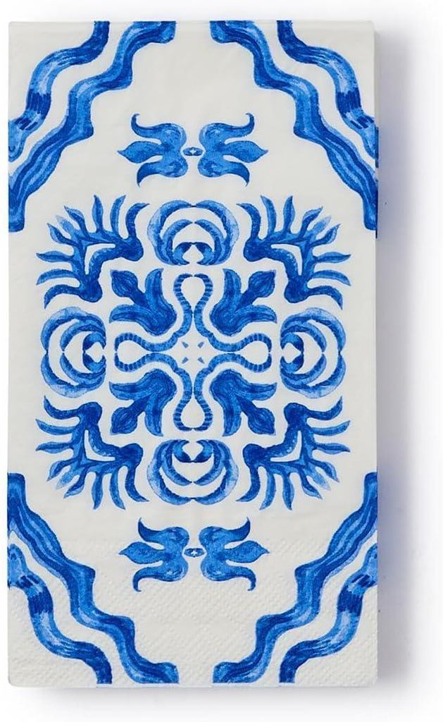 Two's Company Blue Tile Block Print 3 - Ply Paper Dinner Napkin, 8 - Inch, Set of 20 - A Secret Admirer