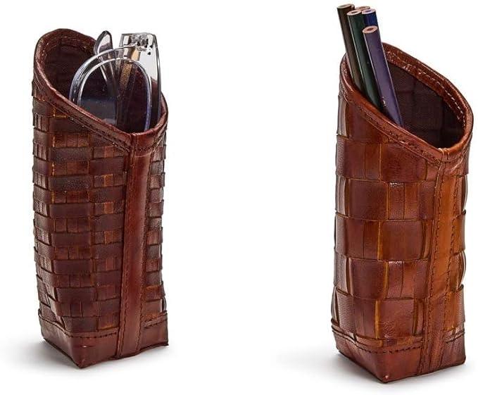 Two's Company Chestnut Woven Leather Standing Triangular Weighted Eyeglass/Accessory Holder Dark Brown - A Secret Admirer