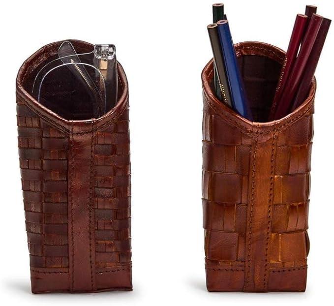 Two's Company Chestnut Woven Leather Standing Triangular Weighted Eyeglass/Accessory Holder Dark Brown - A Secret Admirer