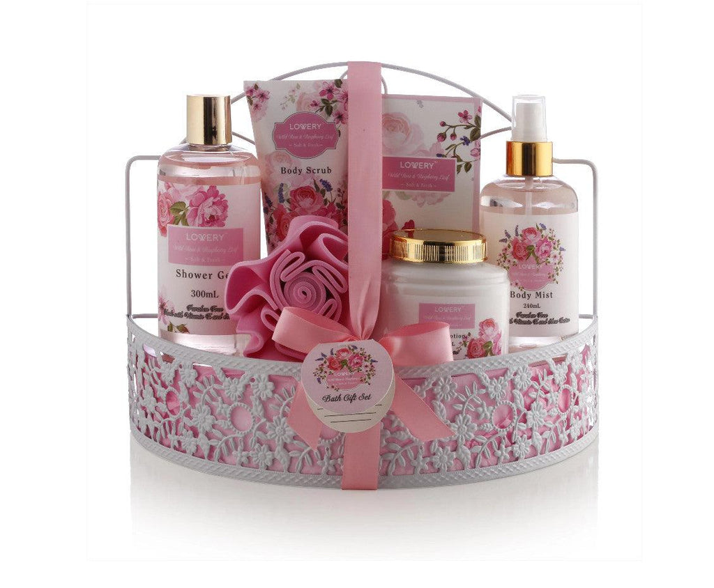 Wild Rose & Raspberry Leaf Bath Set - 8Pc Shower Caddy Gift - A Secret Admirer